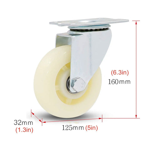 Hella Smooth Heavy Duty Swivel Caster Wheels With White Nylon Rollers And Rust Proof Metal Plates Replacement Pack Of Four, showing dimensions and design features.