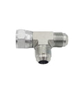 Two Pack Hydraulic Hose Adapter Fitting Set 3/8 Inch Male JIC 37 Degree Flare 9/16-18 UNF, 3/8 Inch Female JIC 37 Degree Swivel 9/16-18 UNF, 3/8 Inch Male JIC 37 Degree Flare Tee Joint Connector Carbon Steel shown front view