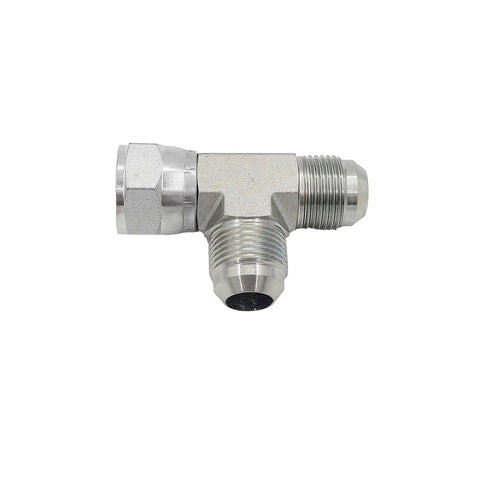Two Pack Hydraulic Hose Adapter Fitting Set 3/8 Inch Male JIC 37 Degree Flare 9/16-18 UNF, 3/8 Inch Female JIC 37 Degree Swivel 9/16-18 UNF, 3/8 Inch Male JIC 37 Degree Flare Tee Joint Connector Carbon Steel shown front view