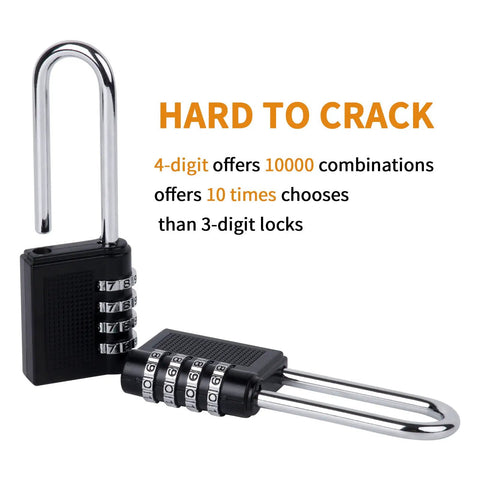 4 Digit Outdoor Waterproof Long Shackle Padlock Set No Key Needed 2 Pack Weatherproof Black Padlocks showing combination lock