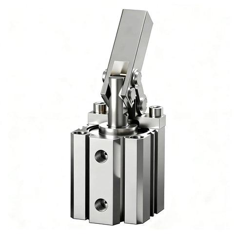 Built Tough Pneumatic Lever Clamping Fixture With Non Magnetic Aluminum Body For Heavy Down Force And Quick Rocker Arm Hold Down In Every Busy Workshop Or Machine Bay, close-up view of aluminum clamp.