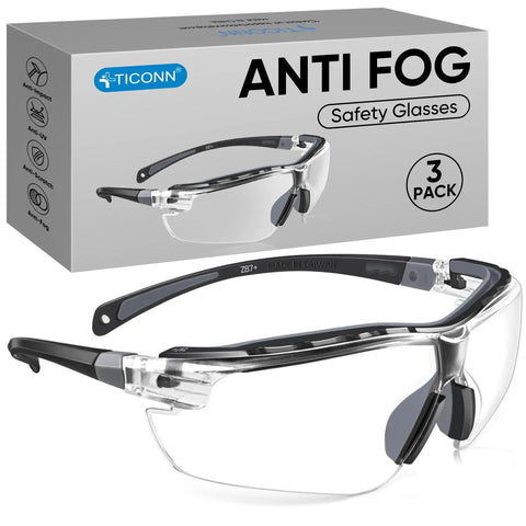 Anti Fog Safety Glasses For Men And Women, ANSI Z87.1 Approved with scratch resistant clear lenses and adjustable arms in a three pack.
