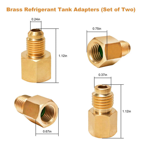 Brass Refrigerant Tank Adaptors set of two, 1/4 SAE to 1/2 ACME, solid brass, used for AC repairs, dimensions included.