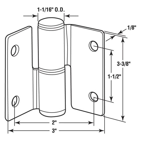 Diagram of Stamped Stainless Steel Satin Finish Right Hand Door Hinges Built To Last, 3 Inch Wide By 3 3/8 Inch Tall, 1 Set