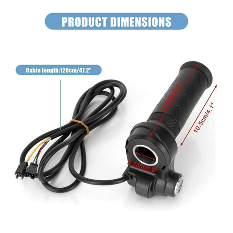 Full Twist 22mm Throttle Grip For E Bike And Scooter Universal 22mm Clamp Twist Throttle For Most Electric Bicycles And Scooters Super Easy Install Smooth Response Durable Build Upgraded Grip with cable and dimensions shown