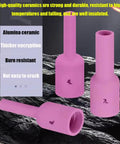 Top Grade 10 Pieces Ceramic Alumina Nozzle Cups For TIG Welding Torch WP-17 18 And 26 Gas Lens Setup Long Shield Cups showcasing pink alumina ceramic cups with different sizes.