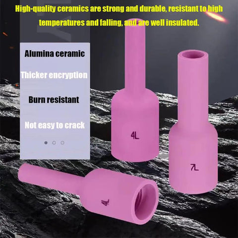 Top Grade 10 Pieces Ceramic Alumina Nozzle Cups For TIG Welding Torch WP-17 18 And 26 Gas Lens Setup Long Shield Cups showcasing pink alumina ceramic cups with different sizes.