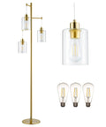 Dope Gold 64 Inch Tree Floor Lamp With Three Branches And Glass Shades, Industrial Modern Standing Light With E26 Bulbs Included