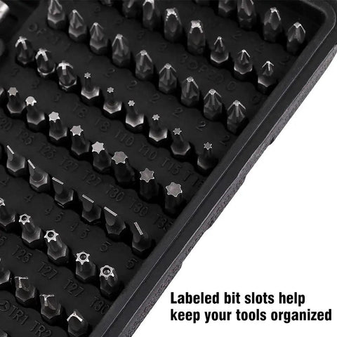 Close-up of labeled slots in 208 Piece Screwdriver Bit Set With Security Bits, organized, chrome vanadium steel tools in case