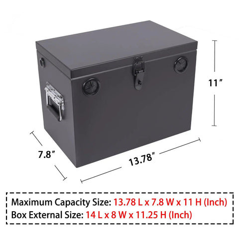 Built Tough Steel Battery Box Enclosure Fits 12V Deep Cycle Groups 24 And 27 Fully Weatherproof Lockable Lid dimensions 14x8x11 inch.