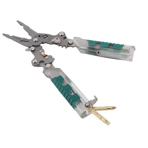 Heavy Duty 20 Function Multifunctional Wire Stripper Pliers with ergonomic handles, designed for crimping, cutting, stripping and voltage testing.
