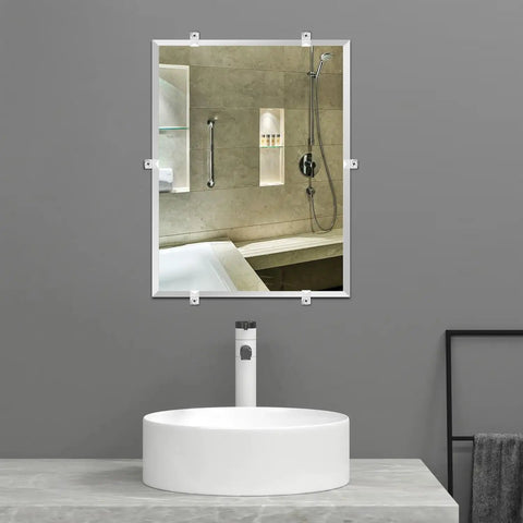 Pretty Slick Mirror Holder Clips With Screws For Effortless Frame And Cabinet Door Mounting Includes Thirty Clear Plastic Hanging Hardware Sets For Quick Wall Glass Install Jobs, displaying mirror mounted in a modern bathroom.