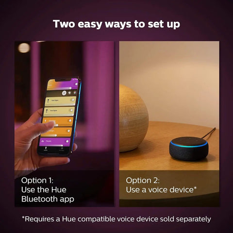 Two setup options for Gold Smart Table Lamp With White And Color Ambiance LED; control via Hue app or voice device like Alexa.