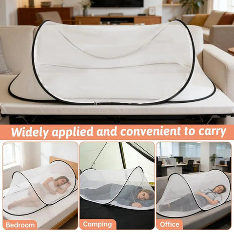 Large Pop Up Mosquito Tent For Adults on a sofa, demonstrating portability and multi-use in bedroom, camping, and office settings.
