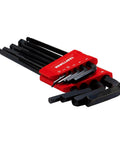 Ball End Hex Key Set With Allen Wrenches 10 Piece Metric Mm Sizes 1.5mm 2mm 2.5mm 3mm 4mm 5mm 6mm 7mm 8mm 10mm Black Oxide Coated Steel For Angled Access And Beefy Grip On Fasteners in red holder