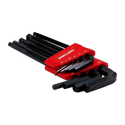 Ball End Hex Key Set With Allen Wrenches 10 Piece Metric Mm Sizes 1.5mm 2mm 2.5mm 3mm 4mm 5mm 6mm 7mm 8mm 10mm Black Oxide Coated Steel For Angled Access And Beefy Grip On Fasteners in red holder