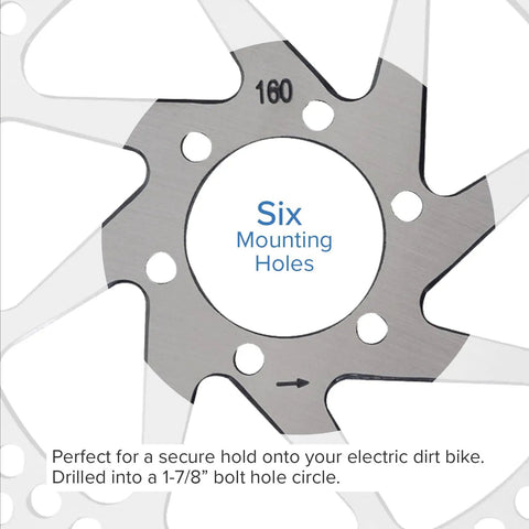 Close-up of six mounting holes on front brake disc rotor for Razor MX500 MX650 electric dirt bikes, 159mm diameter.