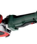 Built Tough Brushless 18V Cordless Flat Head Angle Grinder 125 MM Disc With Swivel Battery Base side view showing angle grinder for metalworking.