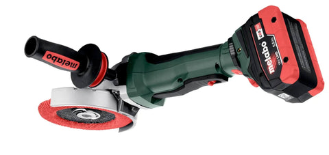Built Tough Brushless 18V Cordless Flat Head Angle Grinder 125 MM Disc With Swivel Battery Base side view showing angle grinder for metalworking.