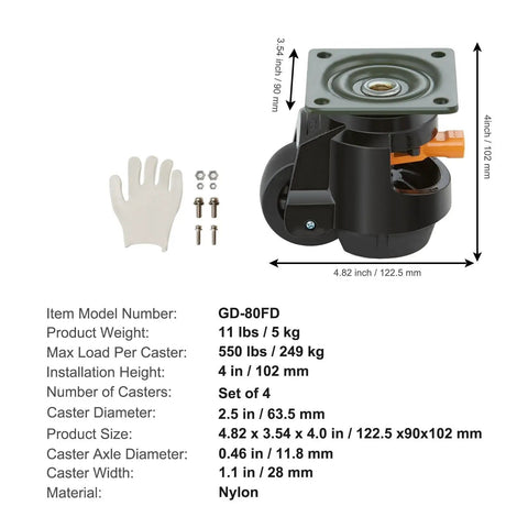 Heavy Duty 4Pc Swivel Caster Wheels Featuring Slick Rubber Pads Adjustable Height Leveling Bolts with nylon material and hardware.