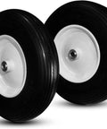 Set Of Two Heavy Duty Solid Flat Free Tires For Wheelbarrow And Utility Cart, 4.80 4.00 8 Size with ribbed tread and steel rim