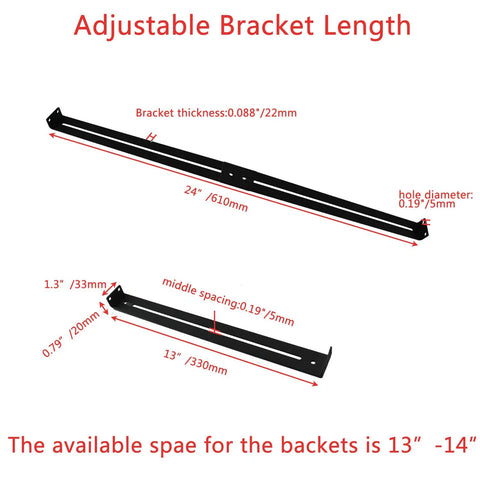 Drawer Repair Kit For Sagging Drawers, adjustable bracket length, steel middle mount, 13-24 inch span, hole dimensions shown