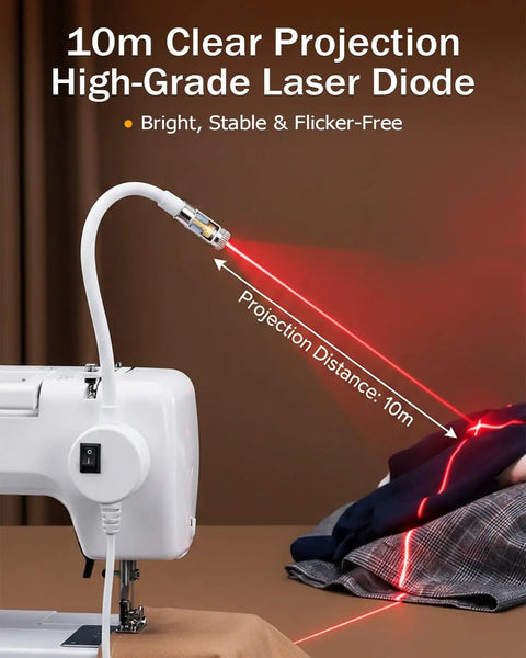 Positioning Quilting Light With Red Guide Line For Sewing Machines, Rotating Laser Guided Stitching Accessory showcasing laser projection on fabric.