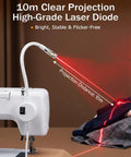 Pro Grade Positioning Quilting Light For Sewing Machines With Red Guide Line attached to a sewing machine, projecting a red laser line.