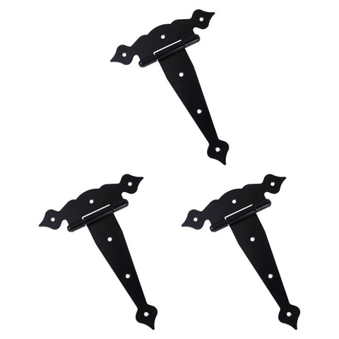Three Piece T Shaped Rustproof Iron Door Hinges Set For Shed Or Gate Doors In 5 6 And 8 Inch Sizes With Eight Positioning Screw Holes