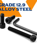 M8 Socket Head Cap Screws 70Mm 12.9 Grade Alloy Steel Full Thread Black Oxide Allen Drive Bolts With Hex Key displayed with wrench and screws.