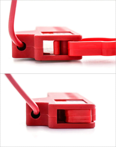 Close-up of versatile cable lockout with red ABS plastic, highlighting locking mechanism for industrial safety.