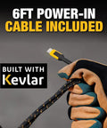 Gloved hand holding Kevlar 6ft Type-C cable included with 10W Max Fast Wireless Charger Pad For iPhone And Samsung Galaxy AirPods