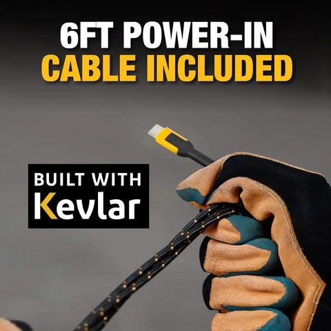 Gloved hand holding Kevlar 6ft Type-C cable included with 10W Max Fast Wireless Charger Pad For iPhone And Samsung Galaxy AirPods