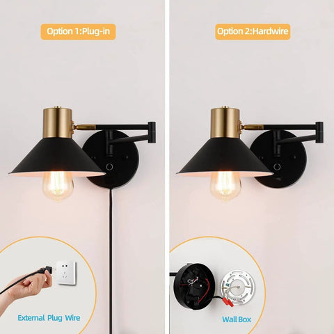 Plug In Wall Sconce With Swing Arm And Dimmer, Black Adjustable E26 Vanity Light, plug-in and hardwire options visible.