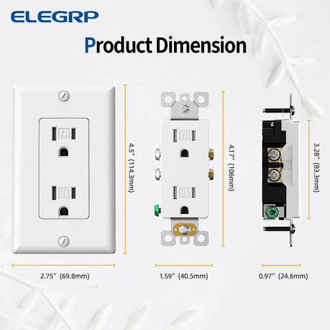 Product dimensions of Premium Matte White Decorator Receptacle Outlets 15A 125V No Fuss Tamper Resistant Sockets.