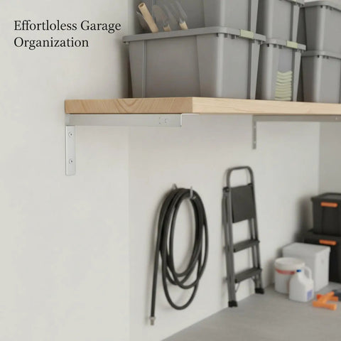 Sturdy Stainless Steel Shelf Bracket For Vertical Track Systems Ideal For Closet And Pantry Storage, Silver Finish image in garage