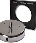 Drilax 4-1/2 inch diamond hole saw with guide; chrome metal base and shaft, front view