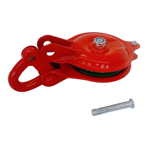 One Ton Snatch Block Pulley With Shackle, Heavy Duty Single Sheave 4 Inch Wheel, 2,200 Lb Working Load Limit, Red Powder Coat