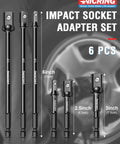 Impact Socket Adapter Set For Drill And Impact Wrench, Drive Sizes Quarter, Three Eighths, Half Drive, Six Piece With Three Inch And Six Inch Extensions