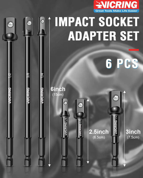 Impact Socket Adapter Set For Drill And Impact Wrench, Drive Sizes Quarter, Three Eighths, Half Drive, Six Piece With Three Inch And Six Inch Extensions