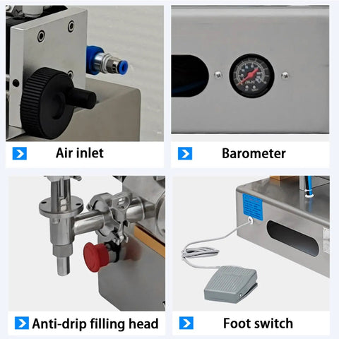 Bulletproof Pneumatic Bottle Filler Machine Slick Stainless Steel Liquid Paste Dispenser features air inlet, barometer, anti-drip filling head, foot switch.