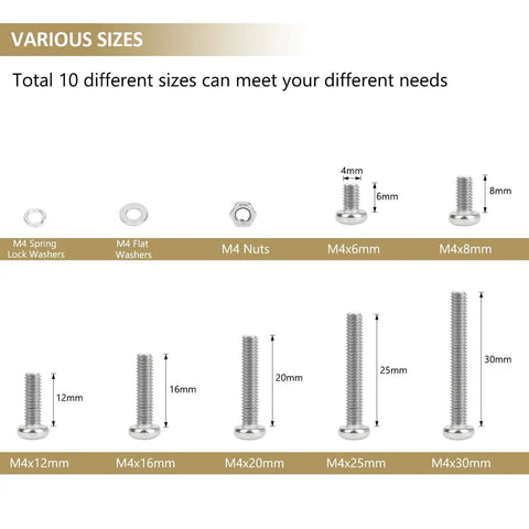 M4 Phillips Pan Head Machine Screw Set With Nuts And Washers, size diagram, 372-Piece Stainless Steel 304 Assortment Kit