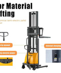 ApolloLift Semi-Electric Pallet Stacker 3300 Lbs Capacity 118 Inch Max Lift Height with manual and electric lifting features.