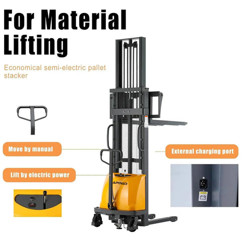 ApolloLift Semi-Electric Pallet Stacker 3300 Lbs Capacity 118 Inch Max Lift Height with manual and electric lifting features.