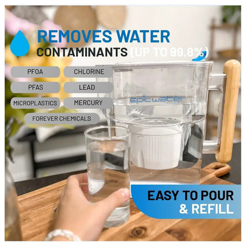 10 Cup Water Filter Pitcher With 150 Gallon Filter Life Tritan BPA Free Removes Fluoride And Chlorine Lead And PFAS Forever Chemicals Fridge Ready White And Bamboo shown on counter