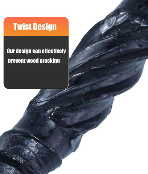 Close-up of 6-inch heavy-duty black timber screw with twist design to prevent wood cracking for decks and fences.