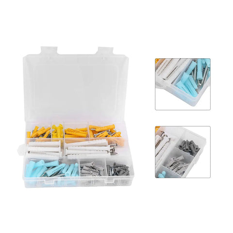 DIY Friendly Self Tapping Screw Kit With Anchors, 200 Pieces, 10 Sizes And 4 Colors in an organized storage box