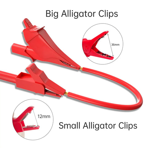 Close-up of big and small red alligator clips, part of Plug-And-Play Pro Grade Silicone Multimeter Test Leads Kit With Replaceable Probes.