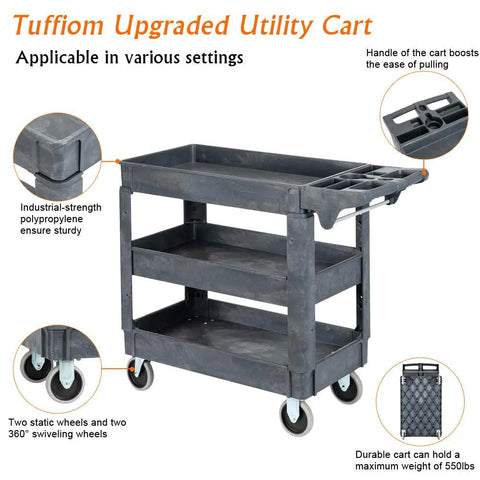 Heavy Duty Plastic Utility Cart With Wheels 550 Lb Capacity Three Tier Rolling Storage Organizer For Garage Warehouse And Industrial Use Built Tough Workhorse On Wheels, side view