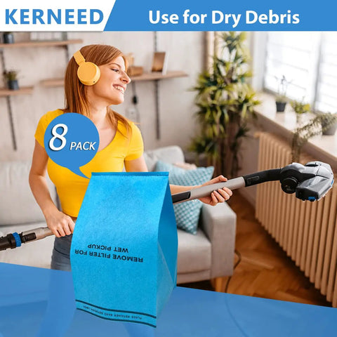 Woman using vacuum with Eight Pack Wet Dry Filter Bags For 2.5 To 5 Gallon Shop Vacuums With Three Retaining Bands Easy Fit